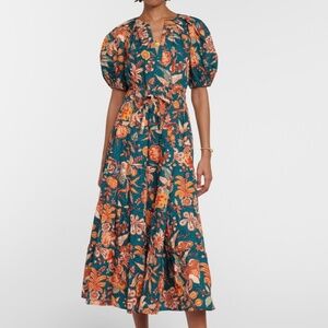 Ulla Johnson Floral Midi Dress – Teal Multicolor Boho Puff Sleeve Dress